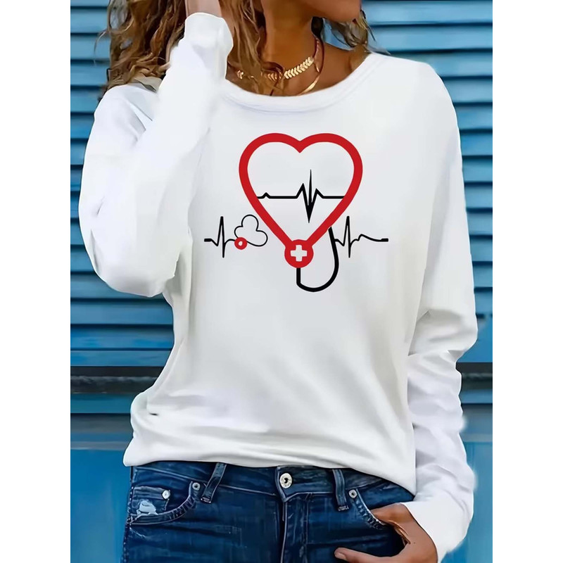 Stethoscope - Langarm-T-Shirt mit Stethoskop-Herz-EKG-Print für Damen, Oversized-Mode-Top,